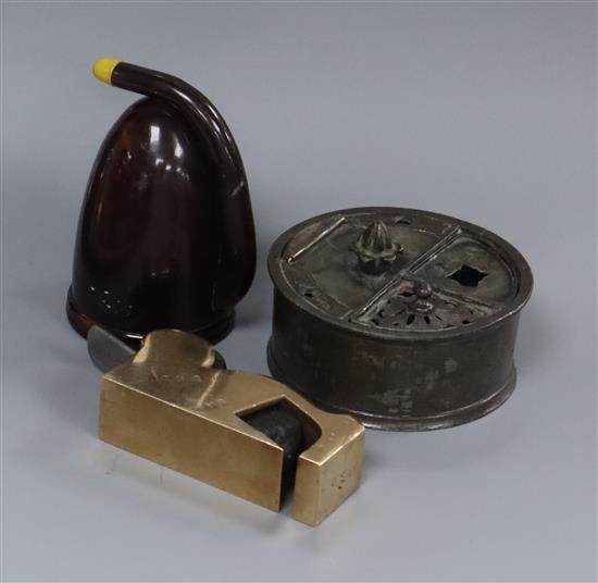 A cabinet makers plane, 18th century inkwell and a faux tortoiseshell hearing horn